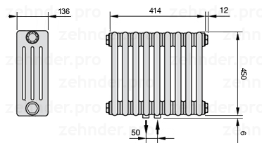 Схема (чертеж) Радиатор Zehnder Charleston 4045/9 №5410 Белый глянцевый RAL 9016